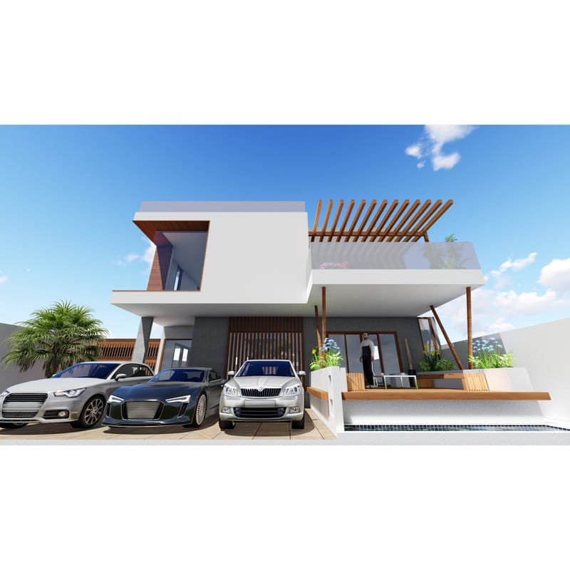 Villa front elevation render with parked cars, pergola roof terrace, entry porch and pool, Hyderabad