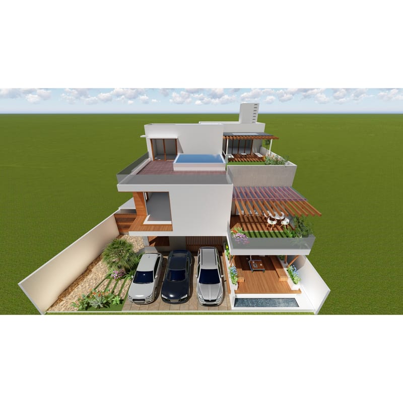Aerial render of a villa with rooftop plunge pool, pergola terraces and three-car porch, Hyderabad