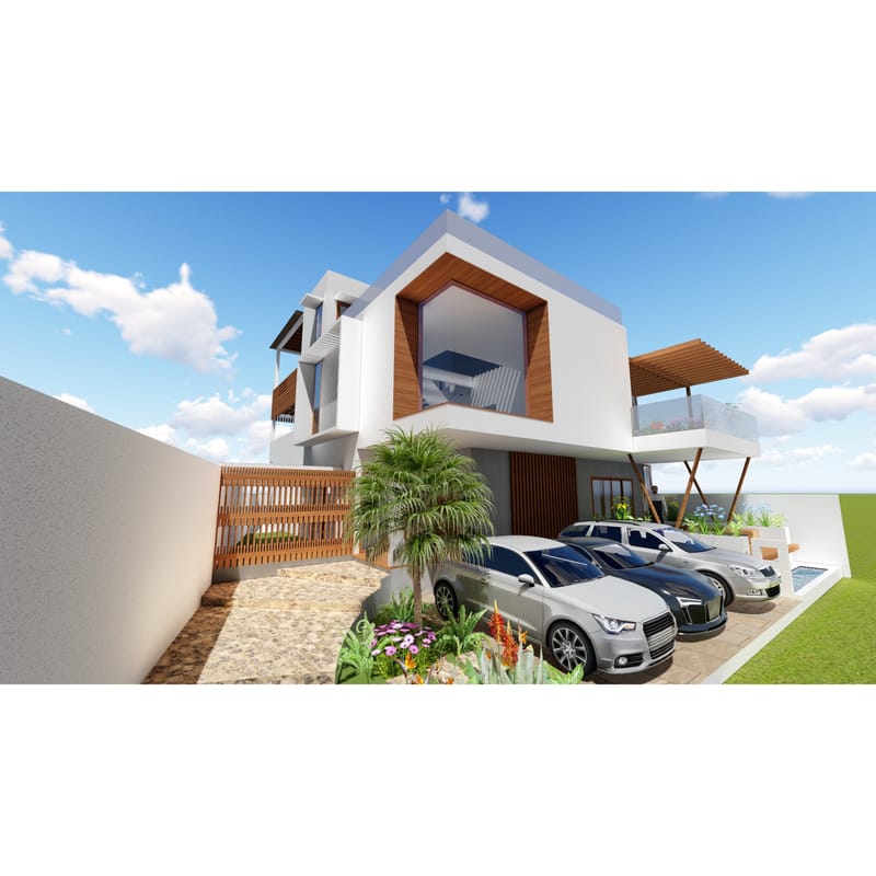 Angled render of a white-and-wood villa with palm tree, multi-car porch and side pool, Hyderabad