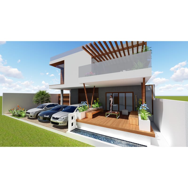 Villa exterior render showing a timber deck terrace, pergola, pool and car porch, Hyderabad
