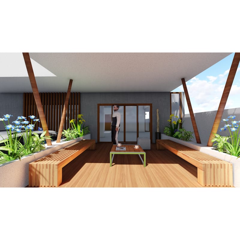 Terrace deck render with slatted timber benches, planters of flowering greenery and sliding glass doors, Hyderabad
