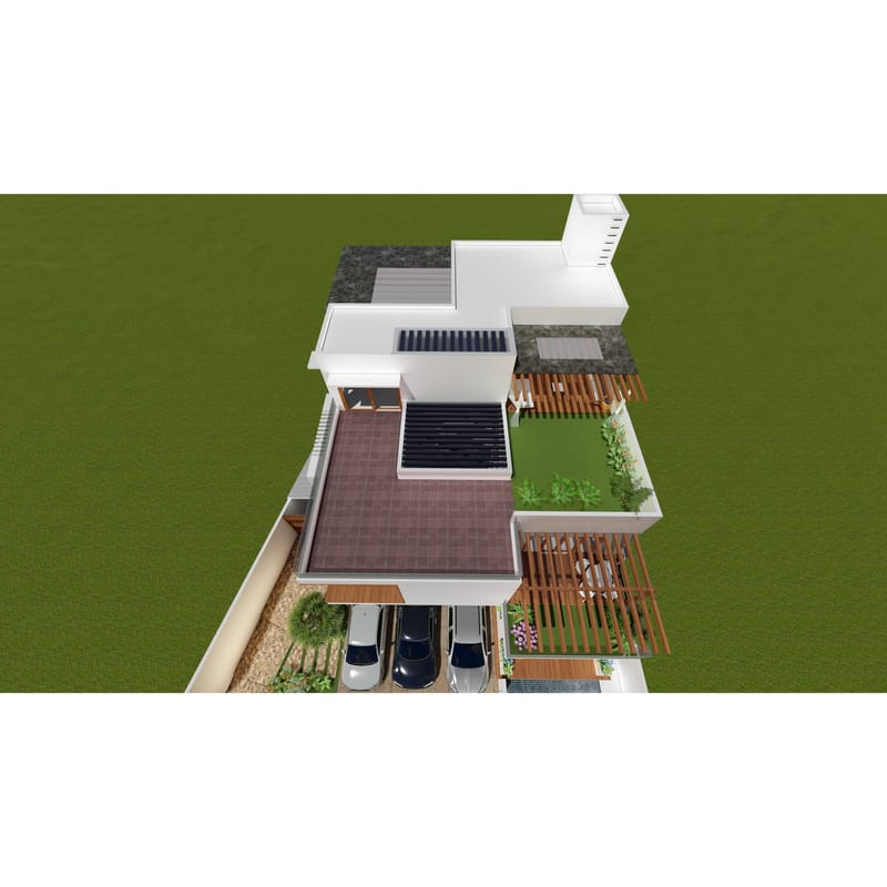 Aerial 3D render of a modern Hyderabad villa rooftop with terraces, timber pergolas, skylight panels and a two-car parking court on green lawns