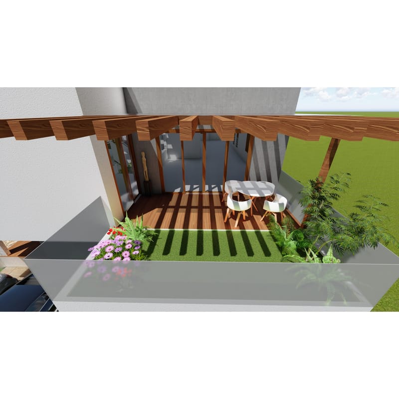 Rooftop deck render with timber flooring, white chairs and table, flower planters and a pergola, Hyderabad