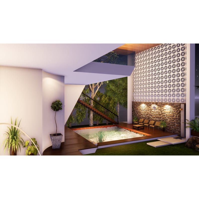 Farmhouse courtyard with plunge pool, white jali screen and stone-clad accent wall on a wood deck, Hyderabad