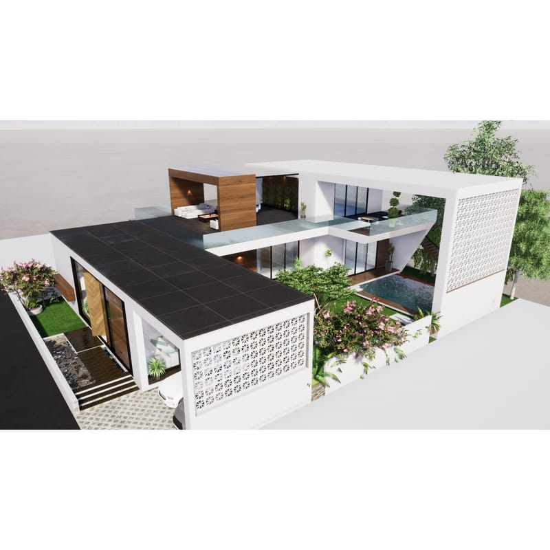 Aerial render of L-shaped farmhouse with black roof, courtyard pool, jali walls, green terraces and timber lounge volume, Hyderabad