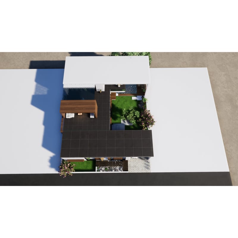 Aerial render of an L-shaped modern farmhouse with dark roof wrapping a central green courtyard, Suryapet near Hyderabad