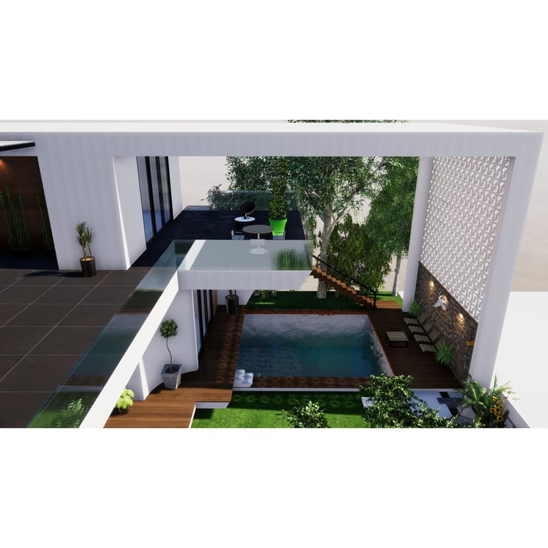 Aerial view of modern farmhouse with plunge pool, glass-railed deck, courtyard tree and jali screen, Suryapet near Hyderabad