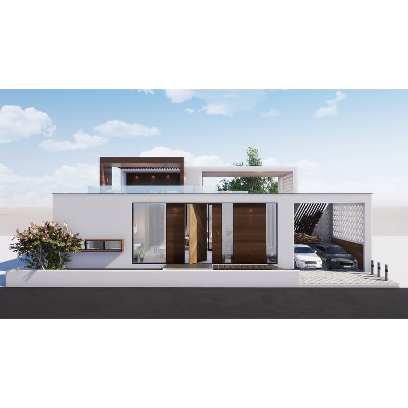 Symmetrical farmhouse front elevation with central wood doors, pergola terrace and side carport on a raised plinth, Hyderabad