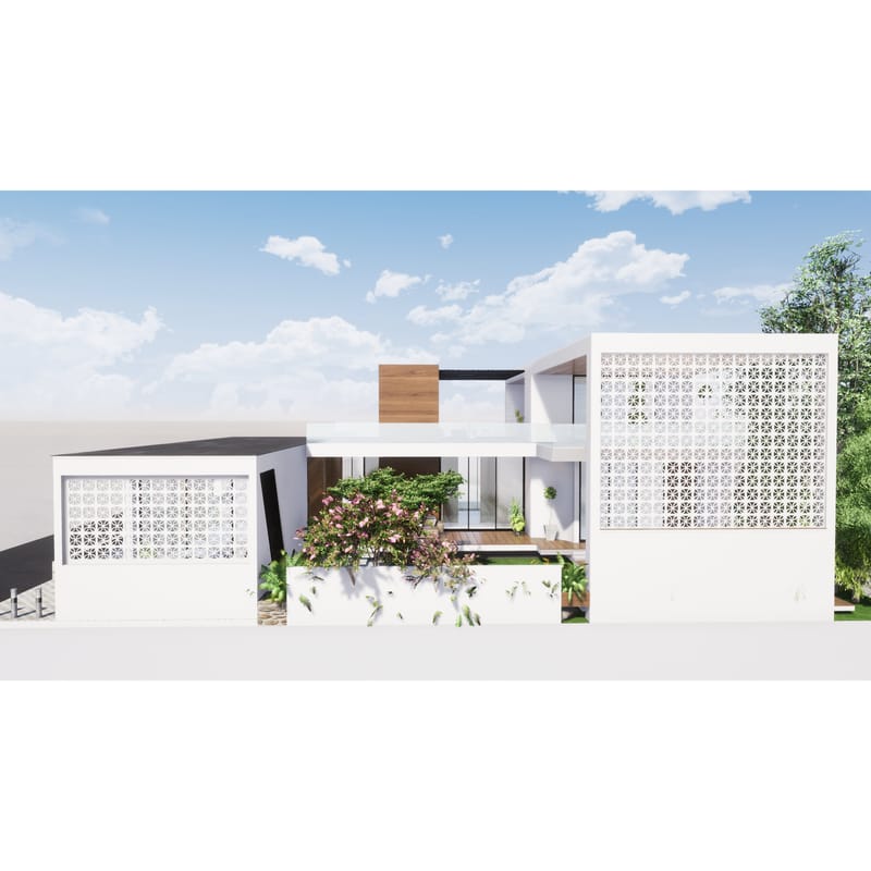 Farmhouse rear view with two white perforated jali screens flanking a planted courtyard and timber-clad upper volume, Hyderabad