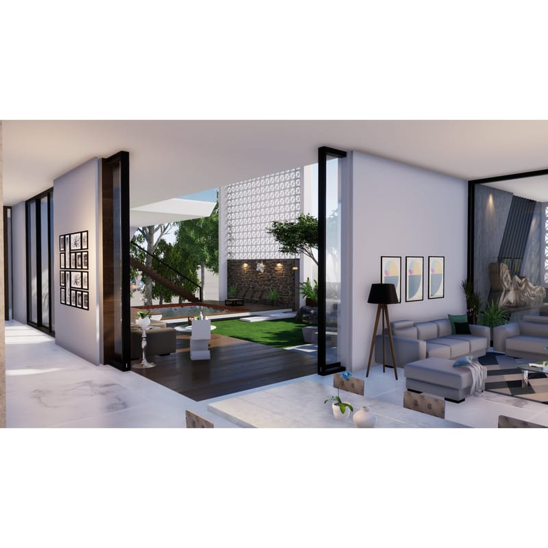 Open-plan living room opening to a courtyard with pool, grey sofas, gallery wall and tripod lamp, Hyderabad farmhouse