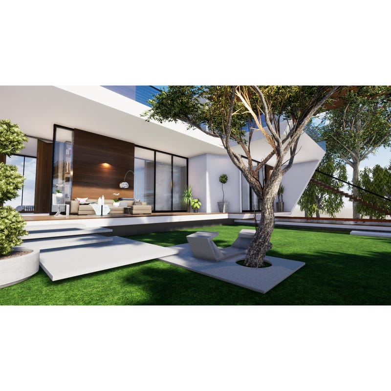 Modern farmhouse render with white-block facade, wood-panelled lounge and lawn with sculptural tree and recliner, Hyderabad