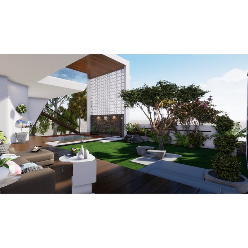 Courtyard with lattice screen, stone wall, lawn and lounge chairs viewed from a cushioned outdoor sofa, Hyderabad farmhouse