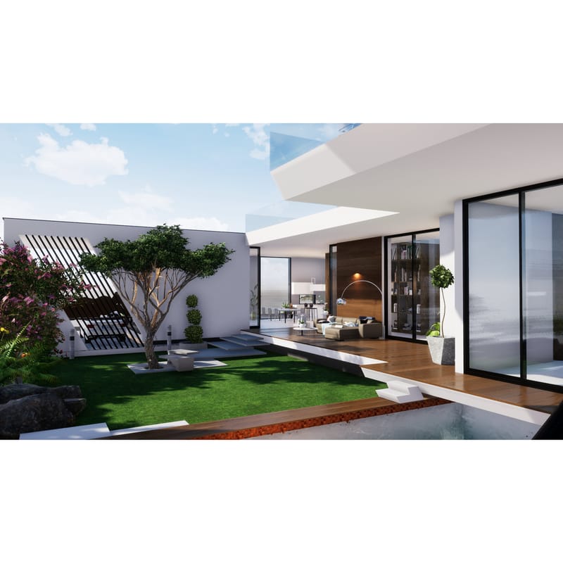 Landscaped courtyard with manicured lawn, ornamental tree and pool beside a glass-walled modern farmhouse, Hyderabad