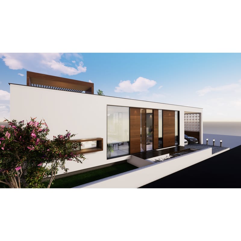 Contemporary white farmhouse exterior with wood-clad entry, glass walls and perforated jali screen under blue sky, Hyderabad