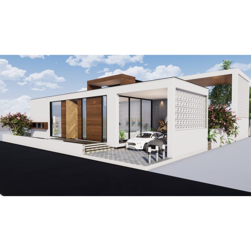 White modern farmhouse with herringbone wood entry, decorative perforated screen and covered carport beside a paved drive, Hyderabad