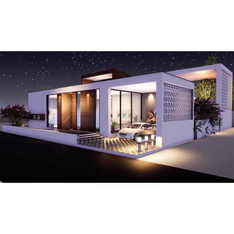 Night render of flat-roof farmhouse with warm-lit wood entry, car porch and patterned jali wall under a starry sky, Hyderabad