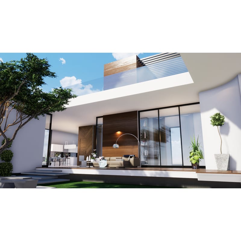 Modern farmhouse facade with cantilevered roof, walnut cladding, sliding glass walls and topiary, Hyderabad