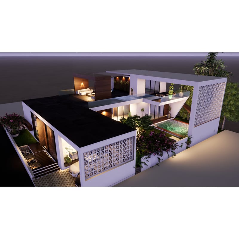 Aerial cutaway render of farmhouse showing dark roof, courtyard pool, bedroom, jali wall and planted terraces at dusk, Hyderabad