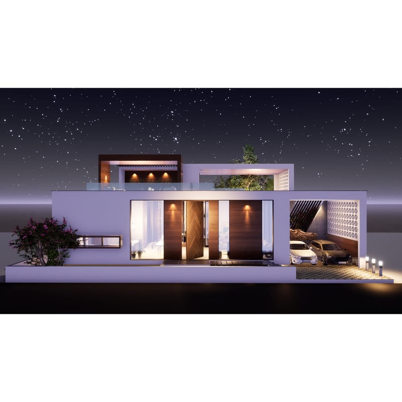 Illuminated farmhouse front elevation at night with twin wood doors, upper terrace and jali-screened carport, Hyderabad