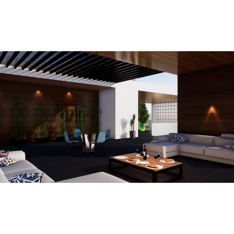 Covered outdoor terrace lounge with timber-slat pergola, sectional sofa, low coffee table and bamboo planters, Hyderabad