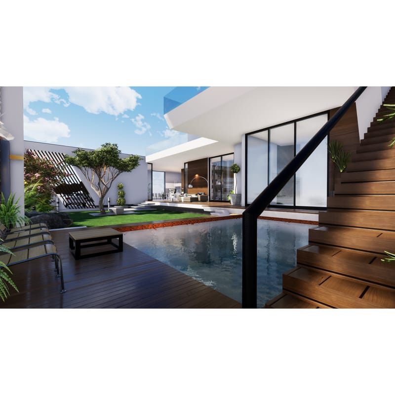 Farmhouse pool deck with timber decking, swimming pool, loungers and glass-walled rooms opening to a lawn, Hyderabad