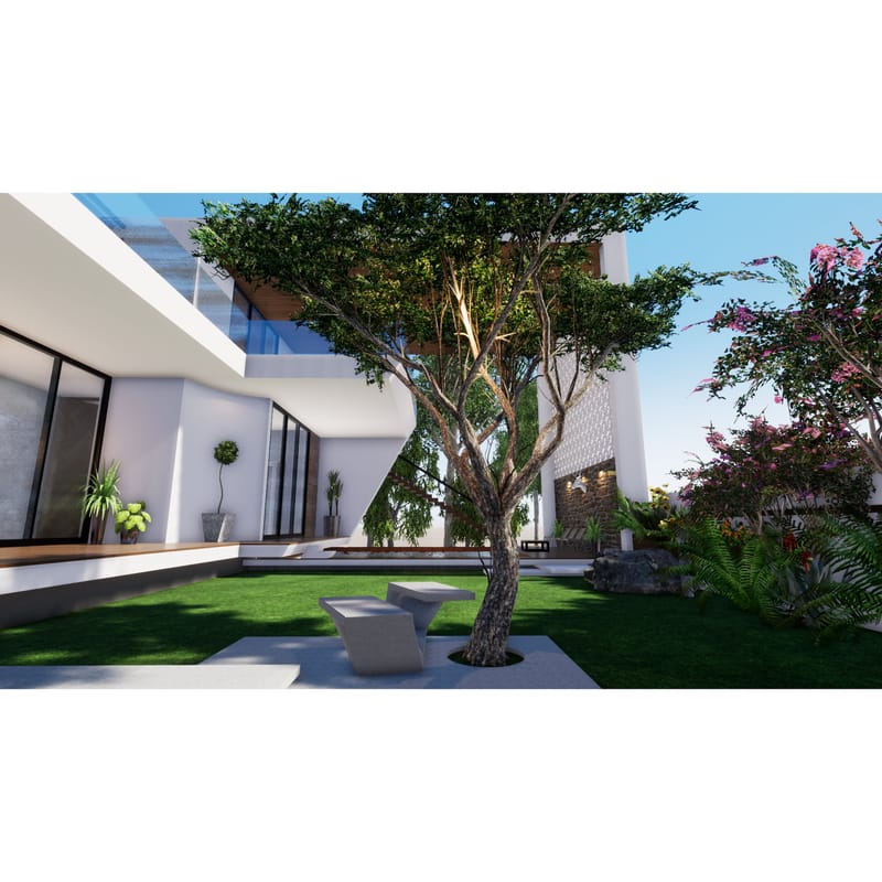 Landscaped farmhouse courtyard with mature tree, concrete benches, green lawn and flowering bougainvillea by a white SSR facade, Hyderabad