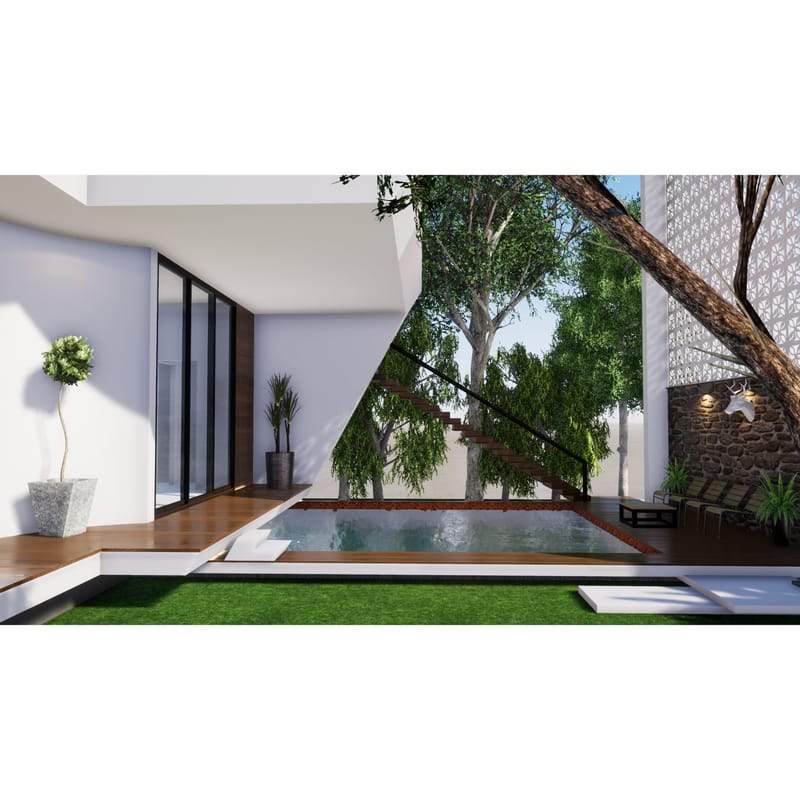 Slim courtyard pool framed by tall trees, timber deck and stone wall against white farmhouse walls, Hyderabad