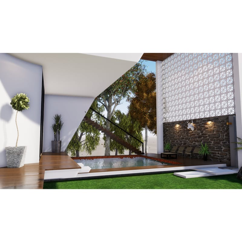 Courtyard pool with stone-clad feature wall, perforated screen and potted topiary beside a timber deck, Hyderabad farmhouse