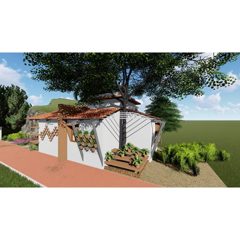 3D render of a white cottage with sloped clay-tile roof, hanging planters and landscaped garden path, Hyderabad