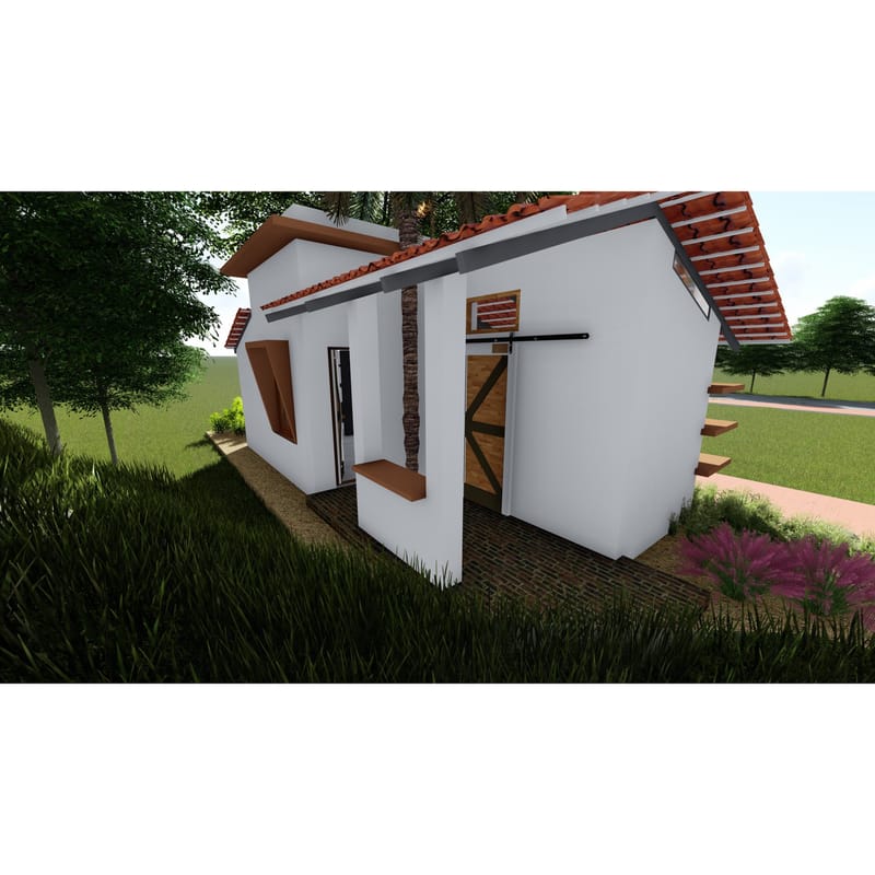Angled view of a white cottage with a sloped terracotta roof, dark-framed door and brick paving on a grassy plot