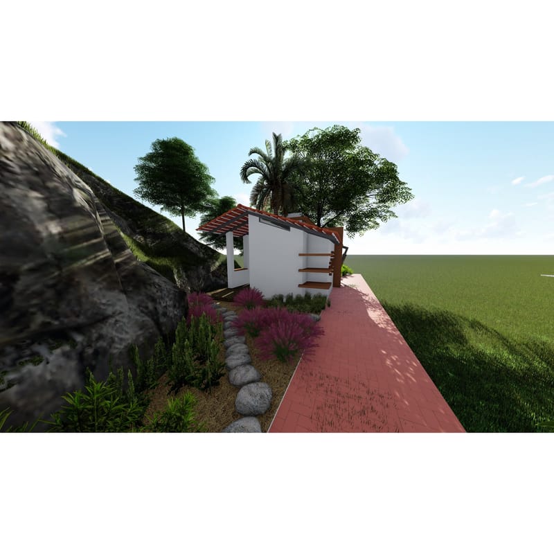 White cottage with terracotta roof rendered on a hillside slope, edged by a stone-lined garden path and pink shrubs