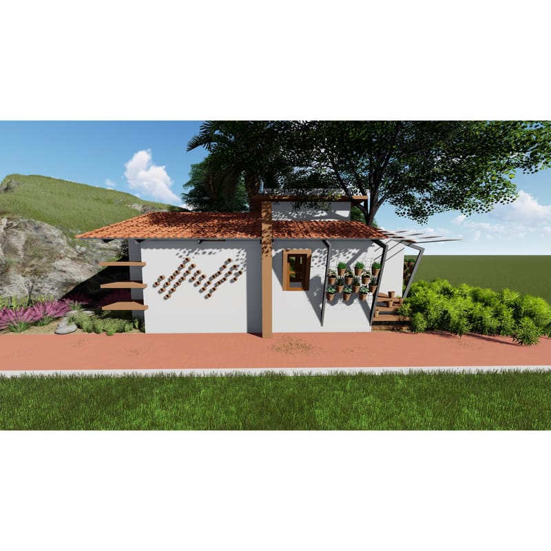 Compact white cottage rendering with a terracotta tiled roof and timber pergola, framed by a tree and shrubs
