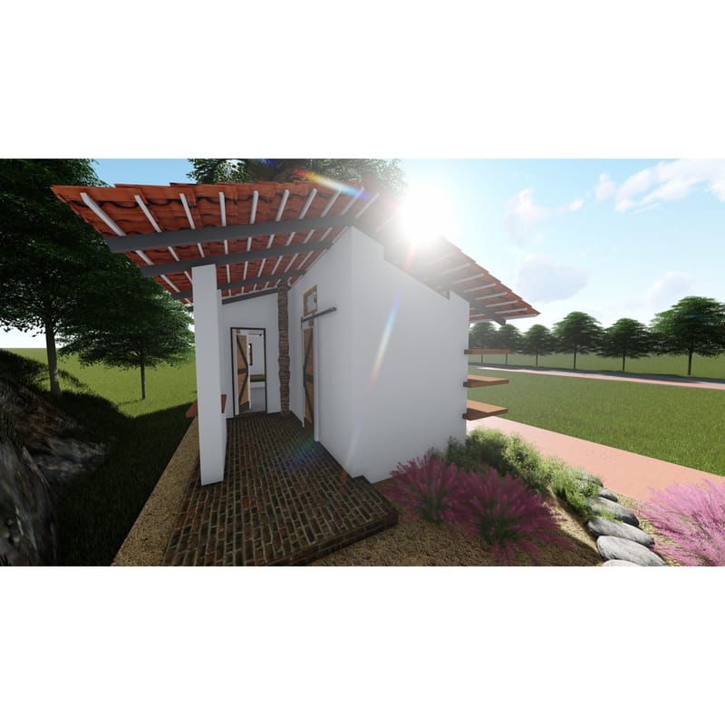 White cottage entrance under a timber pergola with brick-paved walkway and sun flare over a lawn