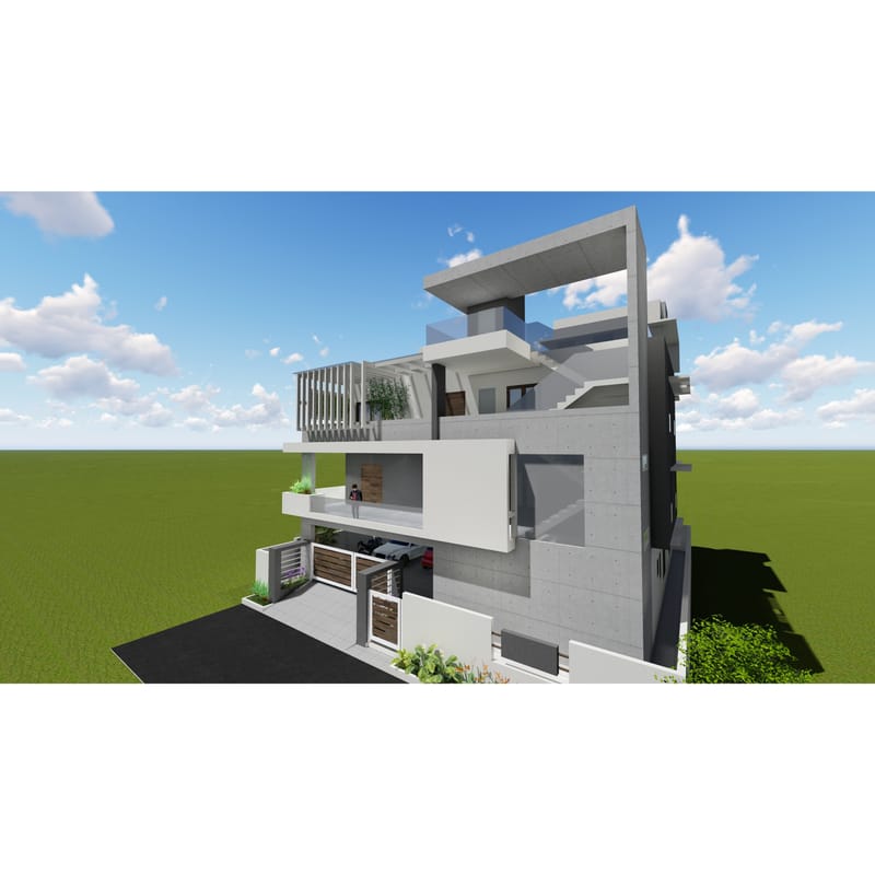 Rear-angle render of a contemporary grey house with stacked terraces and a rooftop pergola structure, Hyderabad