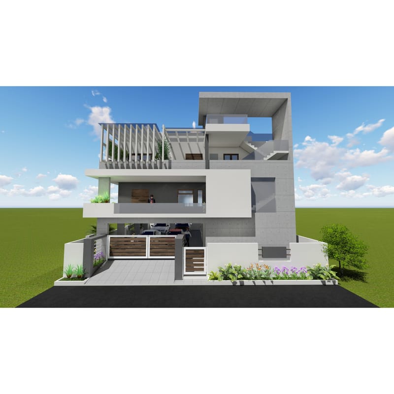3D render of a modern grey villa exterior with cantilevered floors, rooftop pergola and gated front porch, Hyderabad