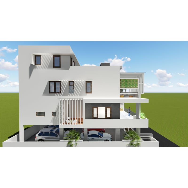3D architectural render of a white contemporary house, showing stepped terraces, car porch and a vertical garden screen