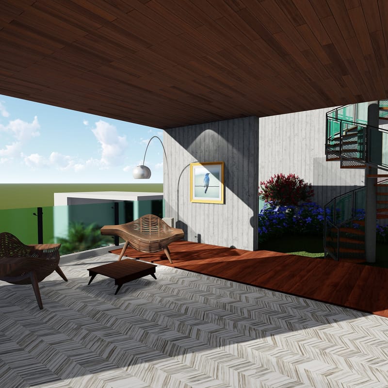 Covered villa terrace with wicker lounge chairs, a low wood coffee table and chevron tile flooring, Hyderabad