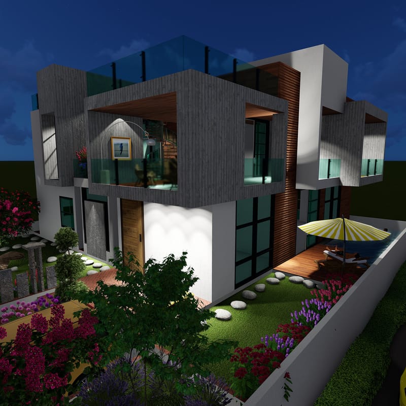 Dusk view of a multi-block contemporary villa with grey stone and timber cladding and a landscaped garden, Hyderabad