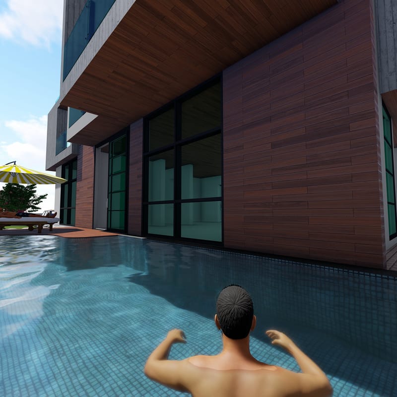 Villa swimming pool edged by a wood-clad facade and tall glass, with a poolside lounger under an umbrella, Hyderabad
