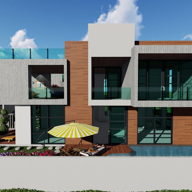 Modern two-storey villa exterior with wood-and-concrete facade, glass balconies and poolside lounger, Hyderabad