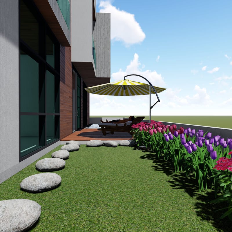 Side terrace garden with a cantilever umbrella over loungers, lawn stepping stones and a purple tulip border, Hyderabad