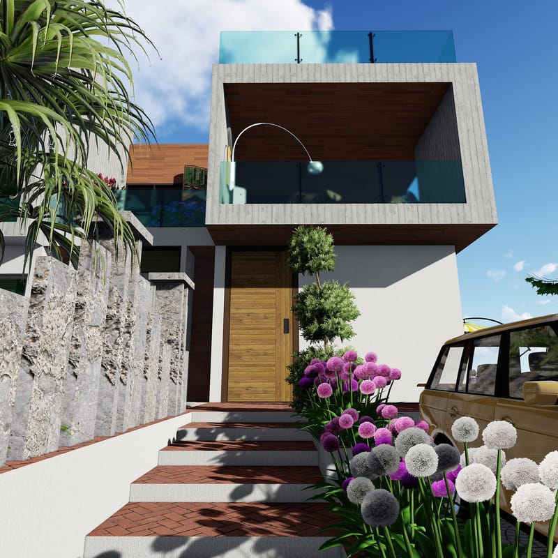 Modern villa entrance with timber front door, rough stone retaining wall and a stepped pathway lined with flowers, Hyderabad