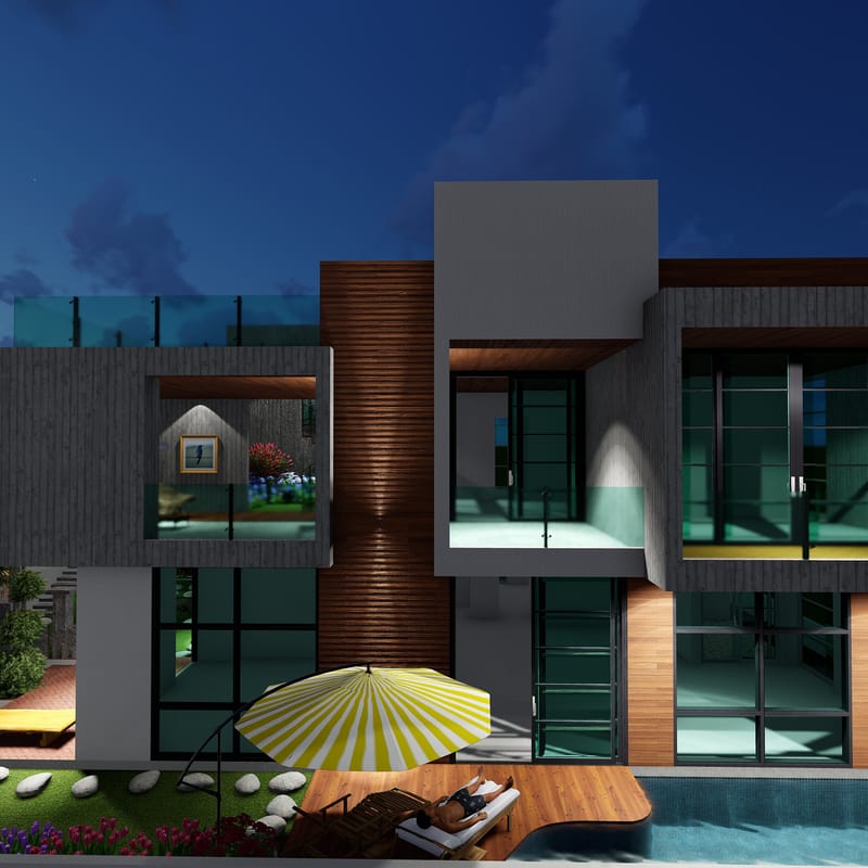Night facade of a villa showing vertical wood slat cladding, glass-railed balconies and a poolside umbrella below, Hyderabad