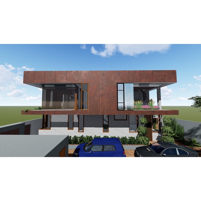 Modern villa exterior render with weathered Corten-steel cladding, cantilevered upper floor and timber screens, Hyderabad