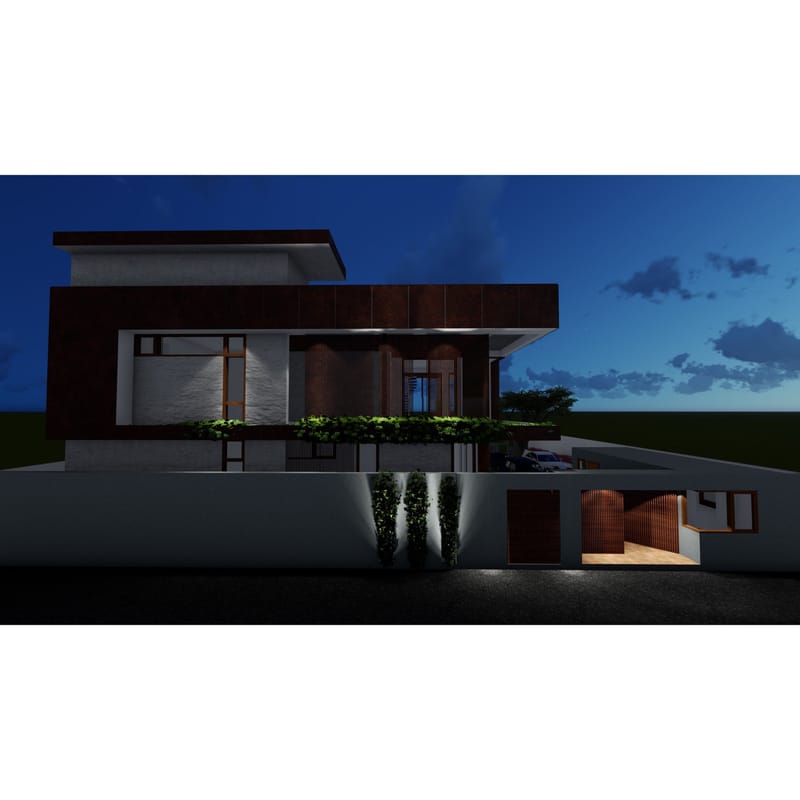 Contemporary Corten-clad villa lit at dusk, glowing window bays and uplit terrace greenery, Hyderabad home design