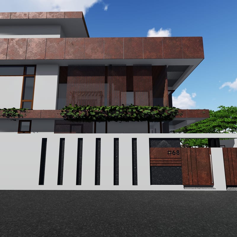 3D render of a modern Hyderabad home facade with stone cladding, timber screens, planter box and gated compound wall