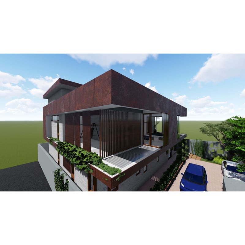 Aerial three-quarter render of a flat-roof villa in rusted steel cladding with vertical fins and a planted terrace, Hyderabad