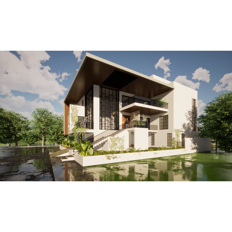 The Overhang House exterior rendering, modern Hyderabad villa with cantilevered dark roof, white render and reflecting pool