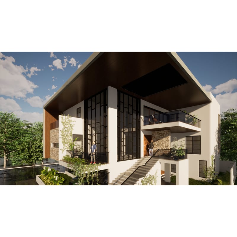 Modern two-storey home elevation with sloped overhanging roof, black-framed glazing, stone and timber cladding, Hyderabad