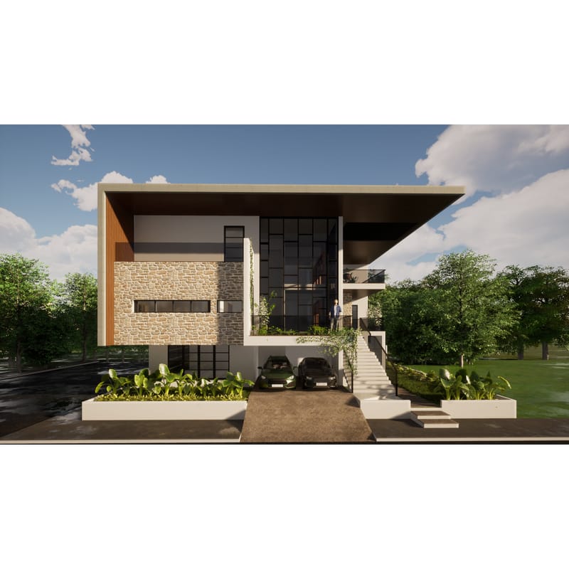 Contemporary home front render with stone-clad wall, dark glass grid windows, covered carport and tiered planters, Hyderabad